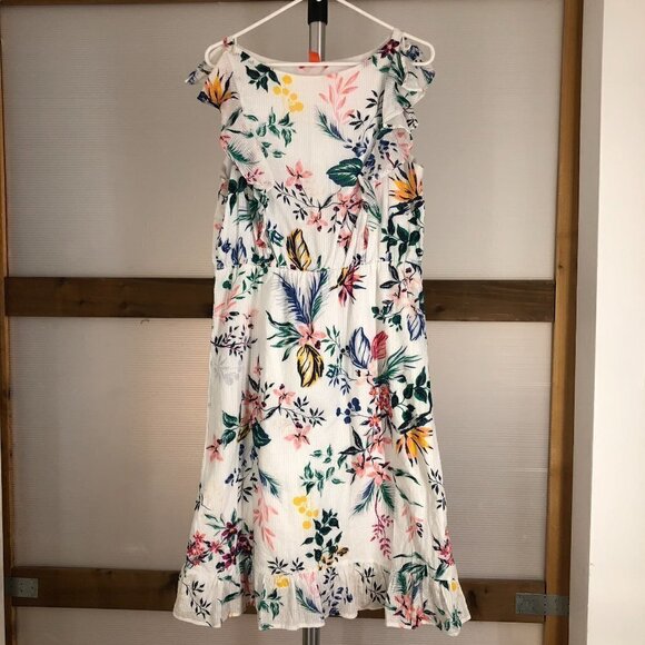 JOE FRESH White Multicolor Floral Ruffle Sleeveless Lined Maxi Summer Dress Sz L - Picture 7 of 12